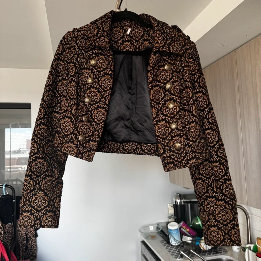 Free People Black and Gold Brocade Blazer